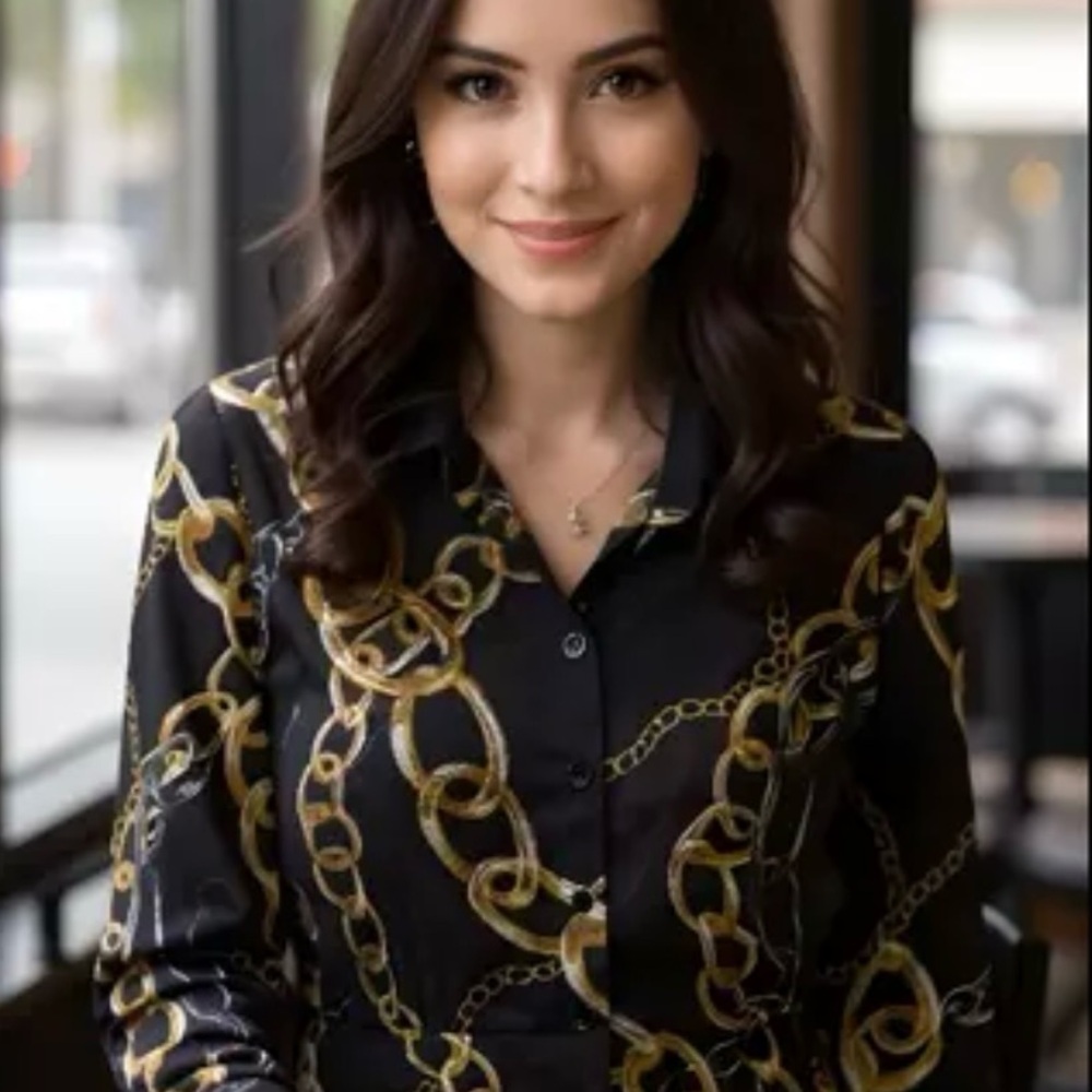 New York & Co black and gold long sleeve blouse size Large